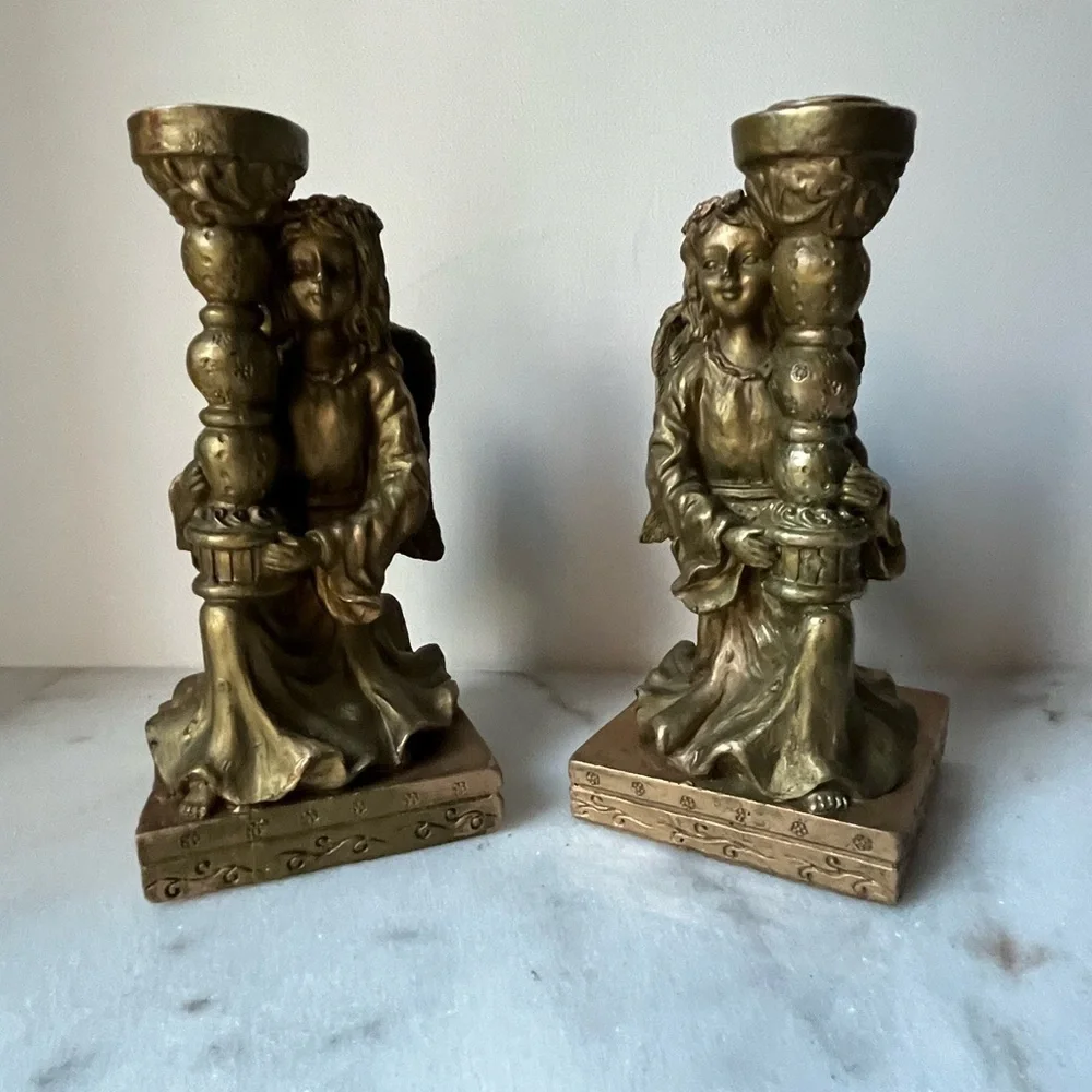 Classics Pair Vintage Angels Carved Candlestick Holders